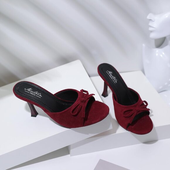 Women's Burgundy Suede Round Toe Heels With Bow Vintage Mules Sexy Slip on - Picture 6 of 9